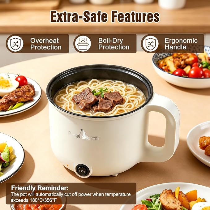 Electric Hot Pot with Steamer, 1.8L Mini Portable Hot Pot with 300W&600W Dual Power for Egg Ramen Oatmeal Soup Noodles, Overheat Protection for College Dorm Room Essential