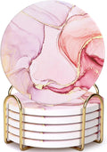6 Pcs Pink Marble Abstract Ceramic Coasters with Holder Best Round Drink Absorbent Coaster for Desk, Lounge, Coffee Table, Wine, Beverage, Bar Coasters Set