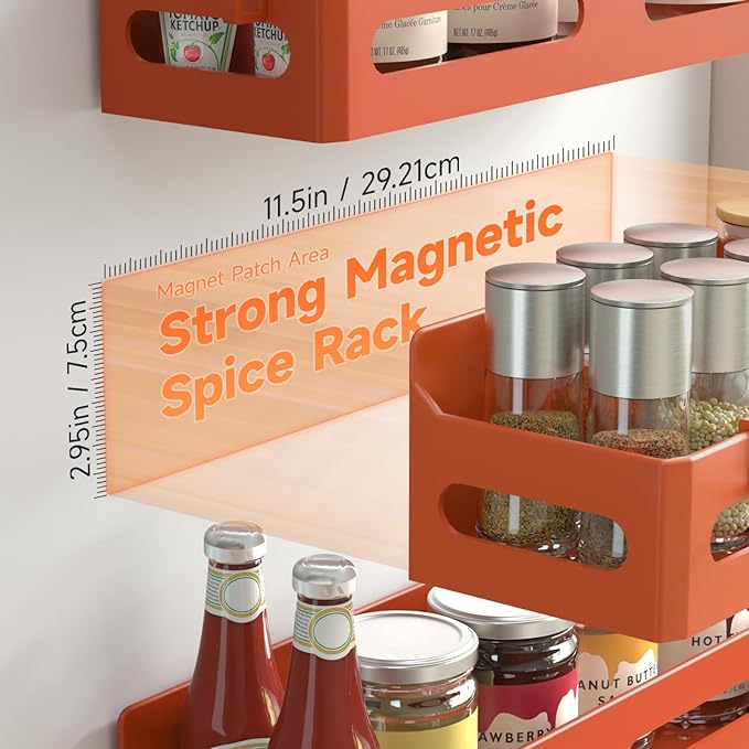 4-Pack Magnetic Spice Rack for Refrigerator with Hooks, Orange | Strong multipurpose magnetic shelf for kitchen & bathroom organization. Includes 4 removable hooks for hanging items.