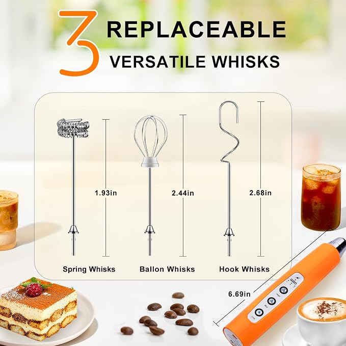 YUSWKO Fluorescence Orange Handheld Milk Frother Wand for Coffee, Rechargeable Electric Whisk with 3 Heads 3 Speeds Drink Mixer Coffee Frother For Latte, Cappuccino, Hot Chocolate, Egg | Drink Mixer Wand Coffee Frother Handheld With 3 Heads 3 Speeds Fo...