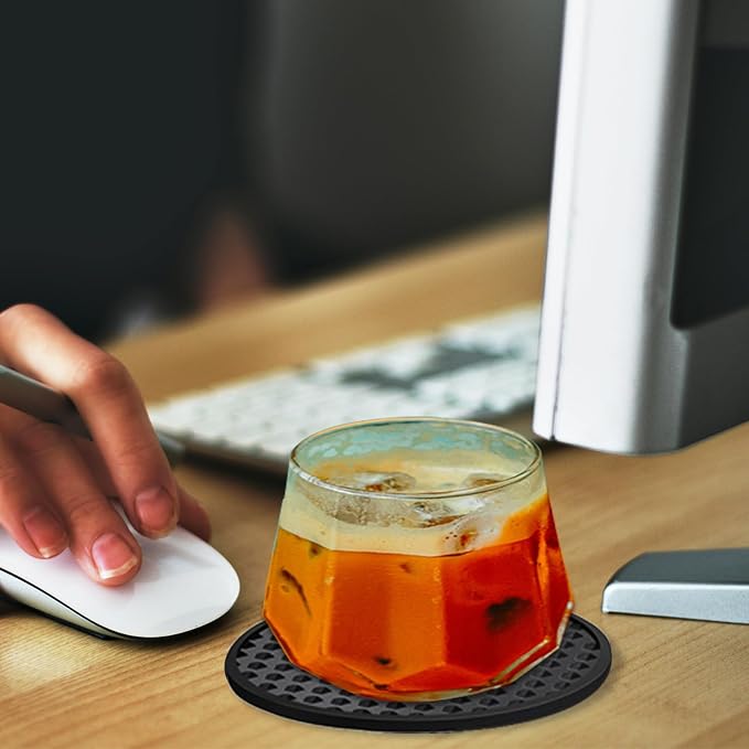Silicone Coasters 6 Pack with Holder, Non-Slip Non-Stick Heat Resistant Cup Mat, Washable for Home Office Bar (Black)