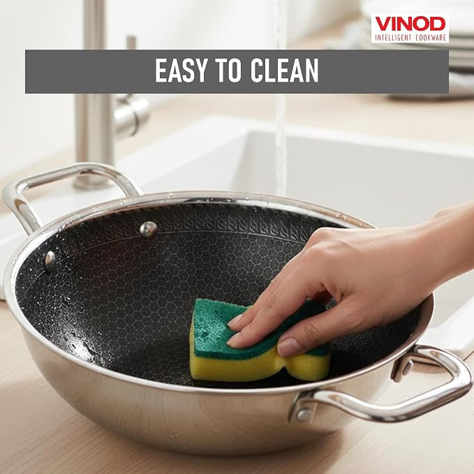 Vinod Nutri-Tech Triply Non Stick Kadai for Indian Cooking (22 cm Diameter, 2.4 Litres Capacity) | Scratch Resistant Kadhai for Deep Frying | Multipurpose Indian Cookware | Includes Lid