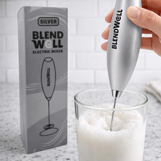 BlendWell Electric Milk Frother for Matcha and Coffee, Handheld Battery Operated Drink Mixer with Stand, Stainless Steel Whisk, Silver