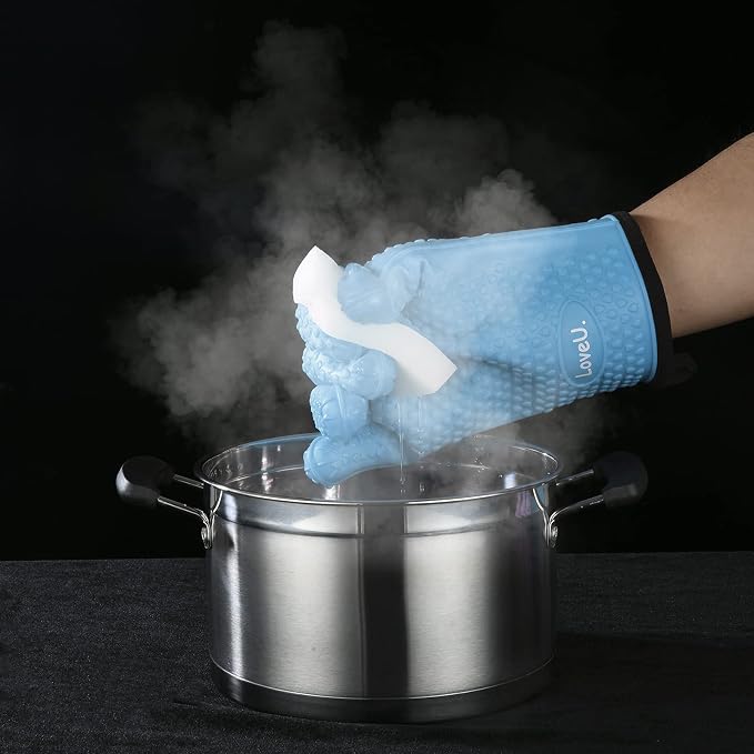 Silicone Oven Mitts Gloves - Heat Resistant, Non-Slip for BBQ, Grilling | 450°F Double-Layer｜Waterproof Kitchen Cooking Barbecue Mittens ｜5 Finger Hot Mitt for Baking, Smoker& Cast Iron(XL-XXXL)