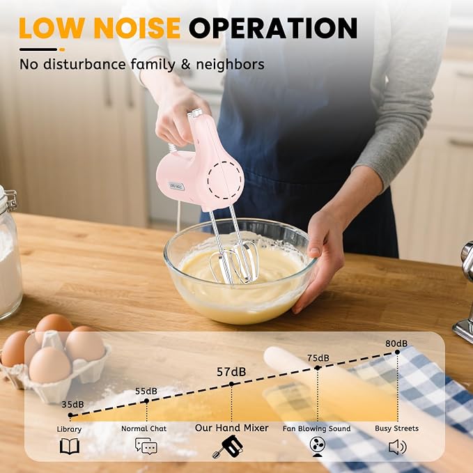 Lord Eagle 5-Speed Small Hand Mixer Electric, 300W Compact Portable, Pink | Handheld Kitchen Mixer Egg Beater with 5 Attachments & Storage Bag, Cake Supplies for Bread Dough Baking, Lightweight