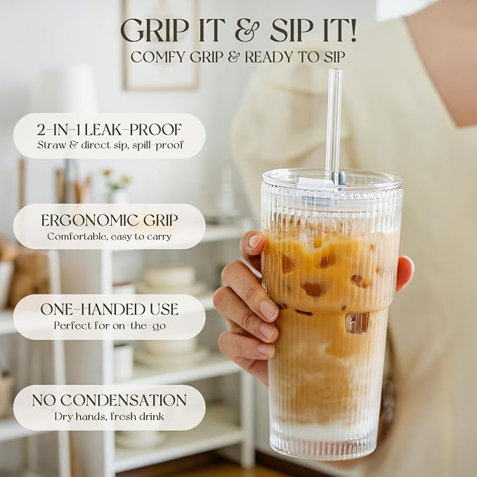KEMORELA 20oz Ribbed Glass Tumblers with Lids and Straws,Iced Coffee Cups | Reusable thick-wall glass, Leak-Proof Lids, Fits Most Car Cup Holders, For Iced Coffee and Cold Drinks, With Cleaning Brush