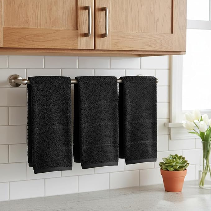Black Kitchen Hand Dish Towels, Set of 3, 100% Cotton, 18" x 28" | Terry Loop Textured, Soft & Absorbent Cleaning Cloth, Quick Dry, Multipurpose for Everyday Use