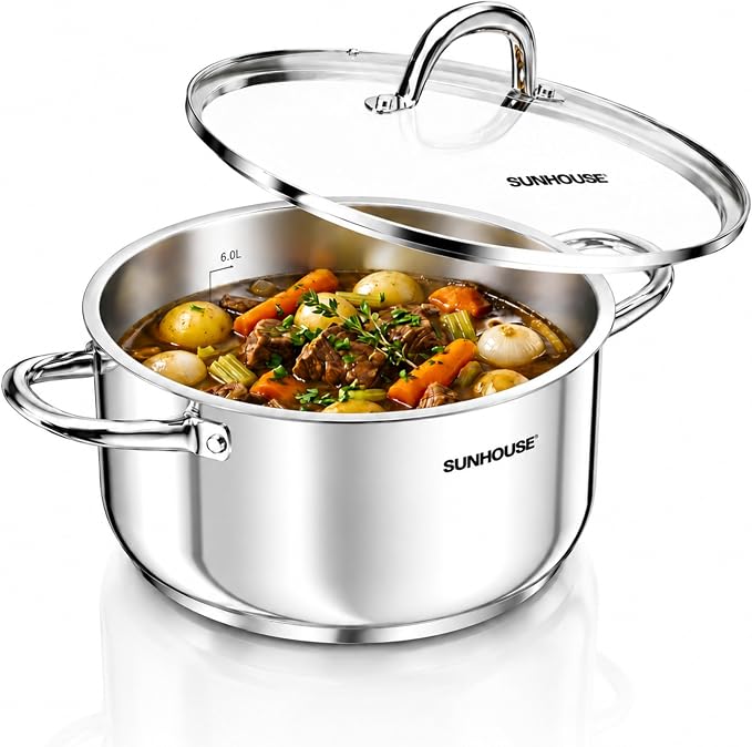 SUNHOUSE 8 Quart Stock Pot with Lid, Stainless Steel Large Pot for Cooking | 8QT Pots for Pasta, Soup - Stockpot for Canning with Impact Bonded Base - Oven Safe & Induction Compatible