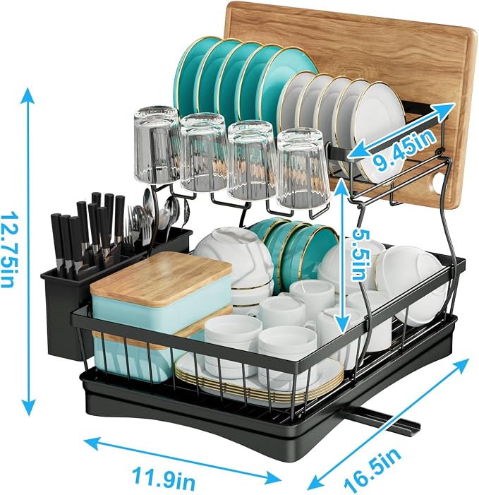 7 code 2-Tier Large Dish Drying Rack for Kitchen Counter, Black | Detachable Large Capacity Dish Drainer Organizer with Auto Drain, Anti-Rust Dish Rack with Cup & Utensil Holders
