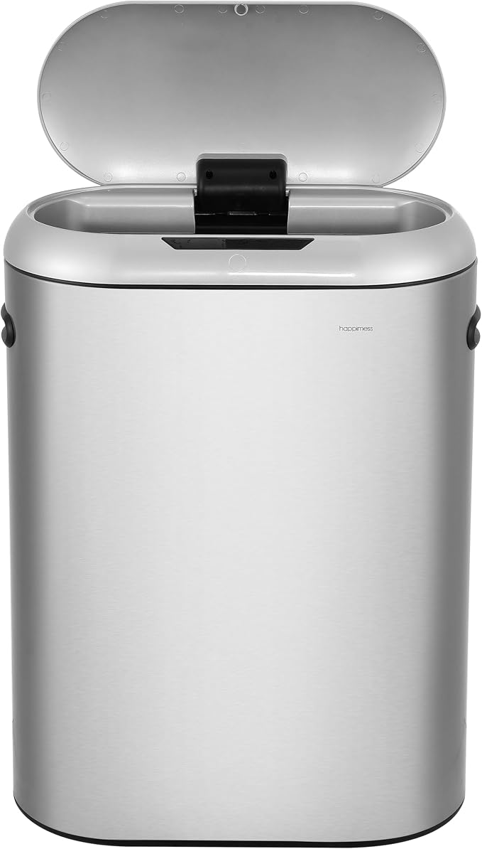 happimess 13.2 Gal Oval Motion Sensor Trash Can, Platinum Silver | Oval, Motion Sensor, Touch Mode, Fingerprint Resistant, Stainless Steel, Soft Close Lid, 17.7" W x 9.84" D x 24.2" H
