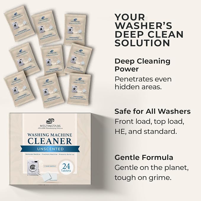Washing Machine Cleaner Tablets, Unscented, 24 Pack | Fragrance free. Removes detergent buildup, hard water deposits, grime & odor residue. HE, front load, top load. 24 tablets.