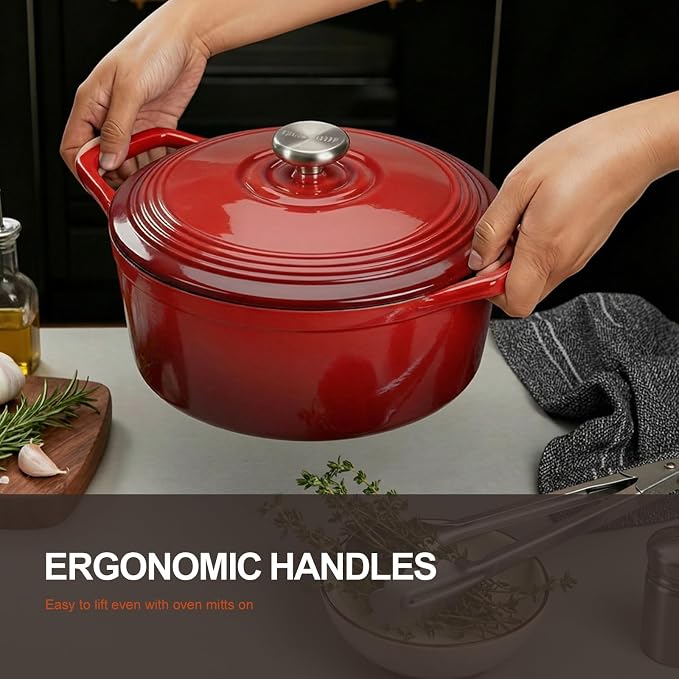 Overmont Enameled Cast Iron Dutch Oven - 5.5QT Pot with Wide Handles Lid Cookbook & Cotton Potholders - Heavy-Duty Pre-Seasoned Cookware Oven Safe to 500°F for Braising, Stews, Roasting, Sourdough Baking