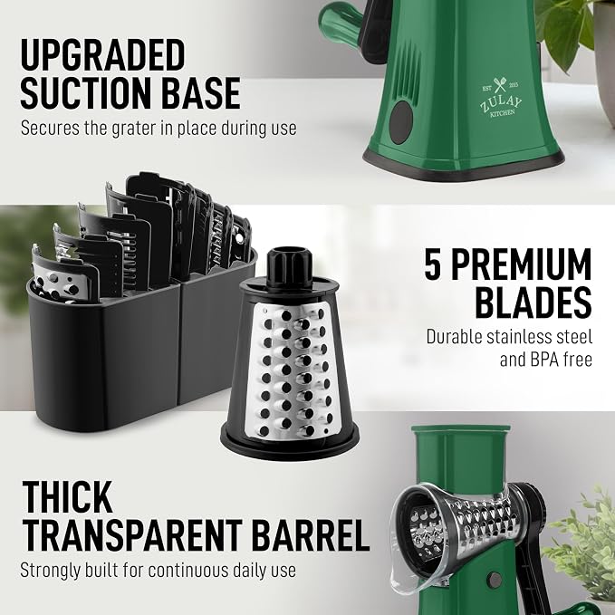 Zulay Kitchen Rotary Cheese Grater 5 Blade Cheese Shredder - Manual Hand Crank Cheese Grater With Reinforced Suction & 5 Interchangeable Drums - Easy to Use, Vegetable Chopper Round Mandoline Slicer