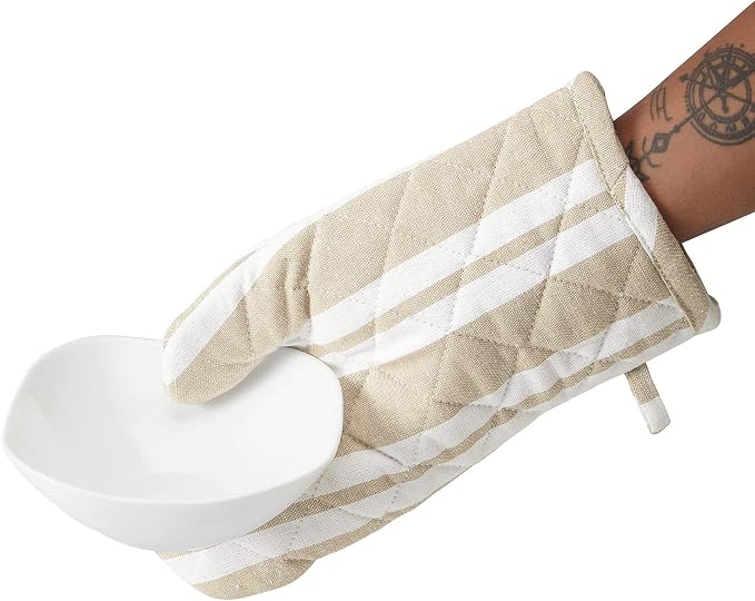Encasa XO Oven Mitts, Heat Resistant Kitchen Gloves, Microwave | Franca Beige Stripes, 100% Cotton | Diamond Quilted Insulation | Pot Holders | Hanging Loop | Barbecue & Grill | Set of 2