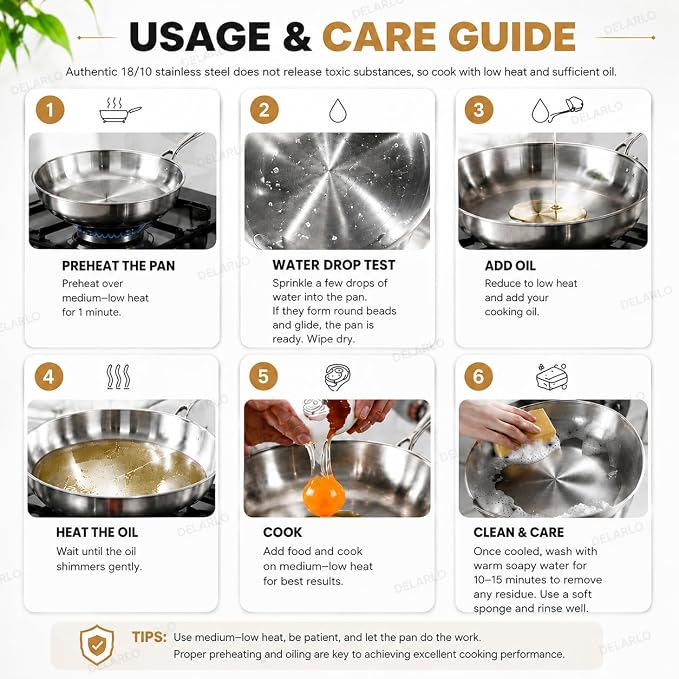 DELARLO Tri-Ply Stainless Steel Pan, 18/10 Frying Pan, Oven Safe Up to 600°F, Nontoxic Cookware, Compatible with All Cooktops Skillet, Durable, Fast Even Heat Fry Pan,12.5 inch Steel Frying Pan