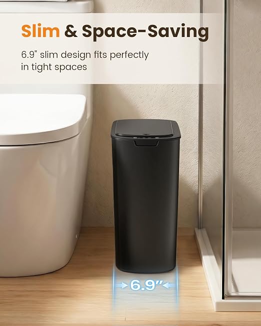 Cesun 5 Gallon Automatic Bathroom Trash Can with Lid, Black, Touchless | Motion Sensor, Slim, Small Smart Garbage Bin, Plastic, Battery Operated, Manual Button, for Office/RV/Bedroom/Living Room