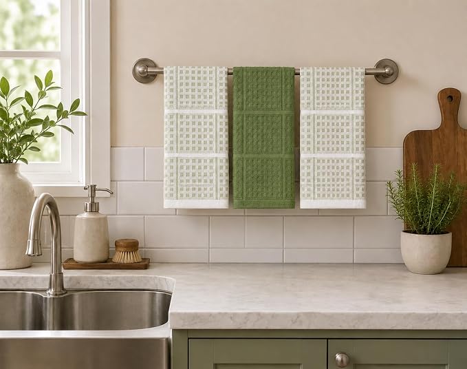 Sage Green Kitchen Dish Towels – Set of 3 100% Cotton Cloth Soft Cleaning Drying Absorbent Textured Waffle & Checkered Weave – Oversized 28" x 18" Multipurpose Towels for Everyday Use