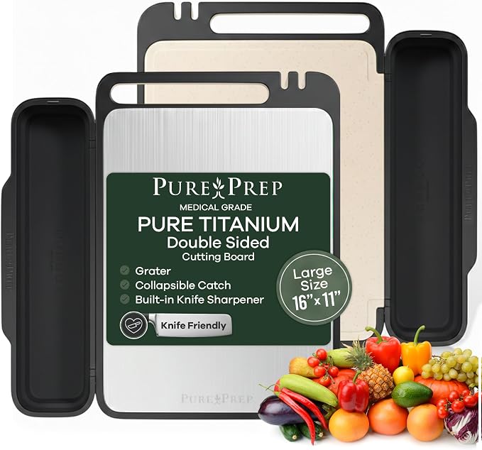 Titanium Cutting Board with Double-Sided Wheat Straw PP Kitchen Use - 16x11 | Titanium Cutting Boards, Chopping Board, Bacteria Resistant, Collapsible Catch, Grater, Knife Sharpener, Healthy, Large