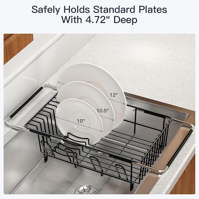 Dish Drying Rack Over The Sink with Utensil Holder, Mat | Expandable Stainless Steel Dish Drainer for Small Kitchen, Apartment, RV, Counter Space Saving, Perfect Fit, Rustproof