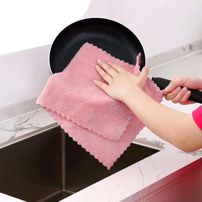 Homaxy 12 Pack Super Soft Absorbent Dish Towels, 10" x 20", Pink | Coral Velvet, Nonstick Oil Fast Drying Microfiber Cleaning Cloth, No Lint Dishcloths for washing and drying