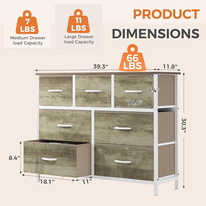 Sweetcrispy 7 Drawer Dresser for Bedroom Storage with Fabric Bins, Oak | Anti-Tip Closet Organizer, Wooden Top and Sturdy Steel Frame, Spacious Drawers for Clothes Storage, Hallway Entryway