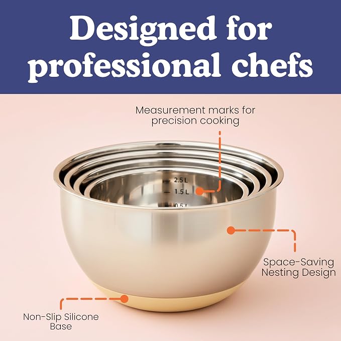 Non-Toxic Stainless Steel Mixing Bowls, Glass Lids, Plastic Free, 5-Pcs | LFGB platinum silicone seal. Keeps food fresh longer. Airtight. Non-slip silicone base. Dishwasher safe. Measurement marks.