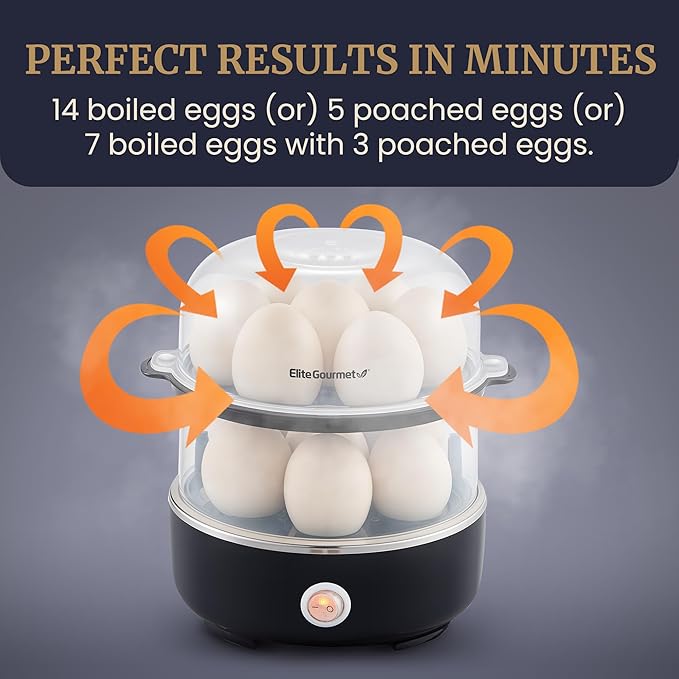 Elite Gourmet EGC1215B Easy Egg Cooker, Two-Tiered, 14-Egg, Black | Steel heating plate cooks soft, medium, hard-boiled eggs, omelets, poached eggs - auto shut-off - measuring cup, piercing pin