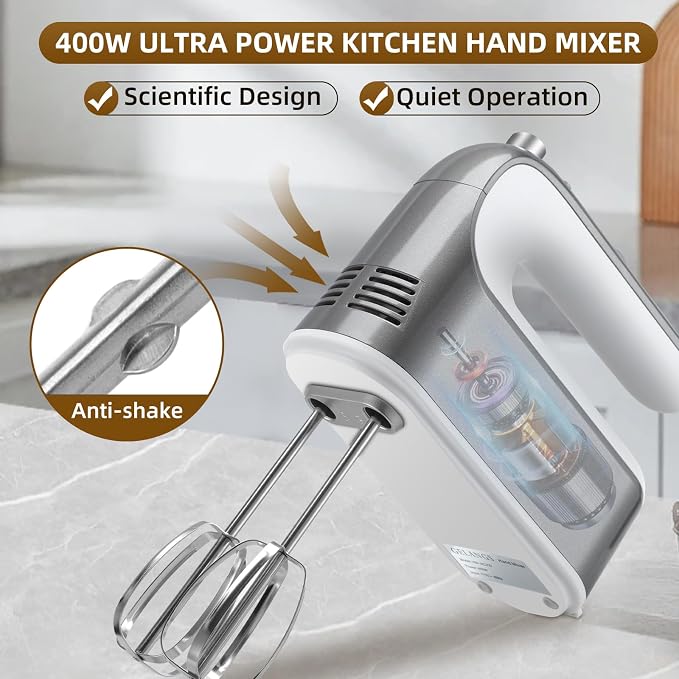 GELANGS-400W Hand Mixer with Turbo Boost - 5-Speed, One-Touch Release, Copper Motor - 5 Dishwasher-Safe Attachments - 110V Heavy Duty Mixer for Baking, Whipping & Dough