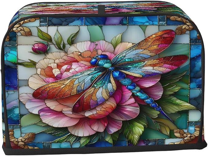 2 Slice Toaster Cover Dragonfly Flower Glass Toaster Covers Two Slice Wide Slot Waterproof and Dustproof Covers for Wide Slot Toasters and Small Appliances Kitchen Decor Gifts