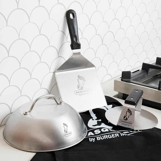 Sasquash Burger Press Kit, Smash Burger Set, Stainless Steel, 5 Piece | Includes Melting Dome, Turner, And Two Squirt Bottles, Complete Griddle And Grill Cooking Bundle Package, Cookout Gatherings