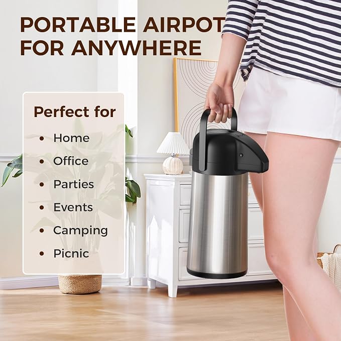 Coffee Carafe for Keeping Hot, 64OZ Airpot Coffee Dispenser with Pump | Large Thermal Coffee Urn for Hot Drinks Tea Liquid, 304 Insulated Stainless Steel Hot Water Beverage Dispenser for Parties