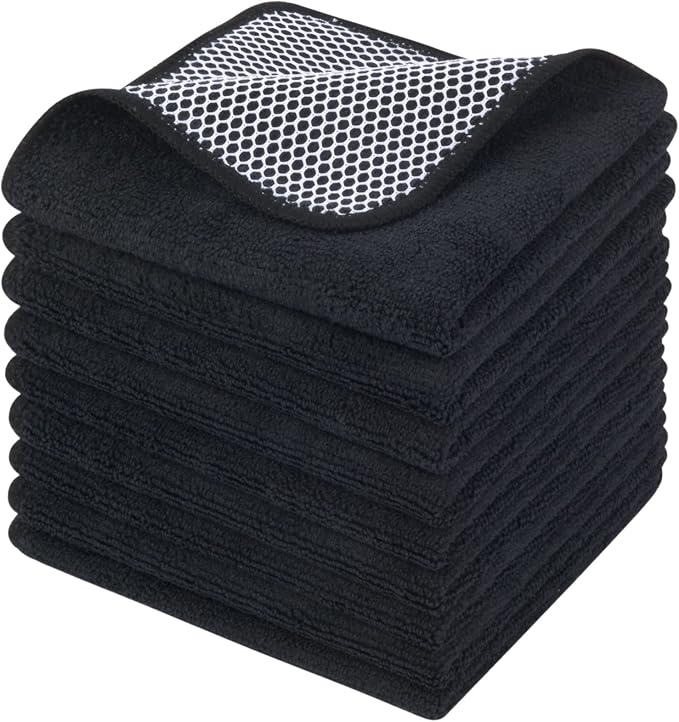 Dish Cloths for Washing Dishes with Scrub Side, Microfiber Dish Rags | Dual-sided microfiber dish cloths with scrubber for stuck-on food, quick dry kitchen washcloths 9 Pack, 12" x 12 Inch Black