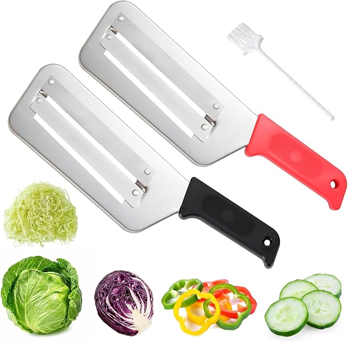 2 Pack Stainless Steel Cabbage Shredder for Coleslaw Professional Cabbage Chopper Slicer Knife with Dual Blades, Sauerkraut Cutter, Vegetable Grater for Kitchen Prep Cabbages Slicer - Black/Red