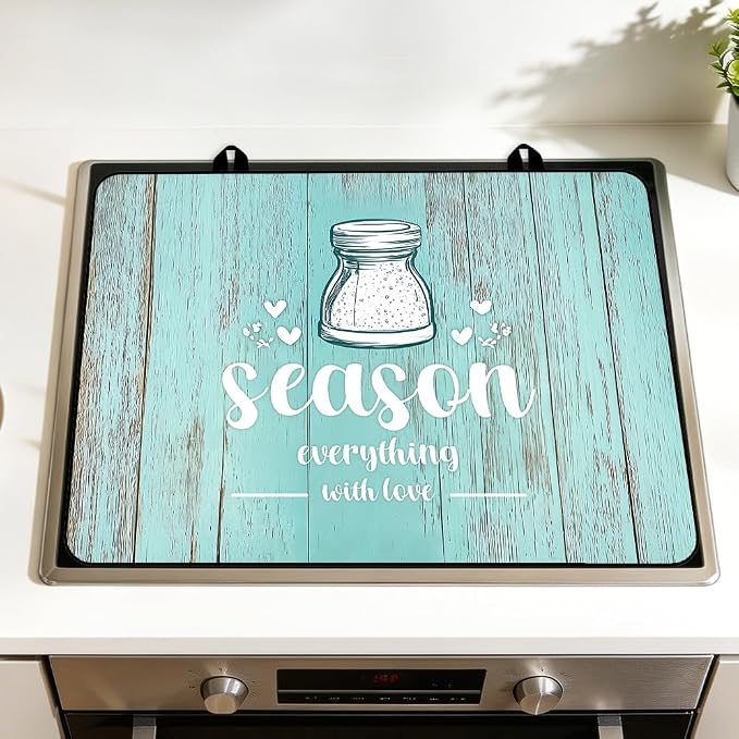 Season Everything With Love Teal Farmhouse Stove Top Cover | Teal turquoise farmhouse kitchen decor; non-slip stovetop cover for electric, gas, glass top stove, cottage counter mat