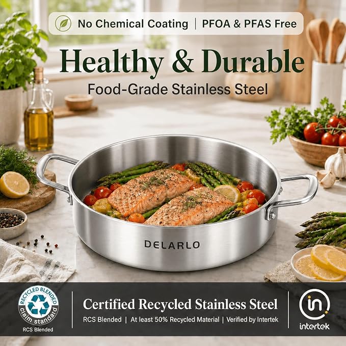 DELARLO Tri-Ply Stainless Steel 10 Inch Frying Pan 3QT Saute Pan With Lid Kitchen Skillets Induction Compatible Chef Cooking Pan Dishwasher & Oven Safe
