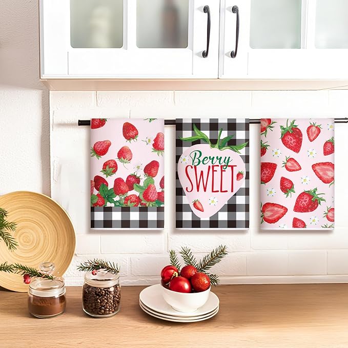 4 Pcs Strawberry Kitchen Towels Berry Hand Dish Towels Gifts | Absorbent Black Red Grid Tea Towel Fast Drying Housewarming Gift for Kitchen Bathroom Holiday Summer Strawberry Party Decor