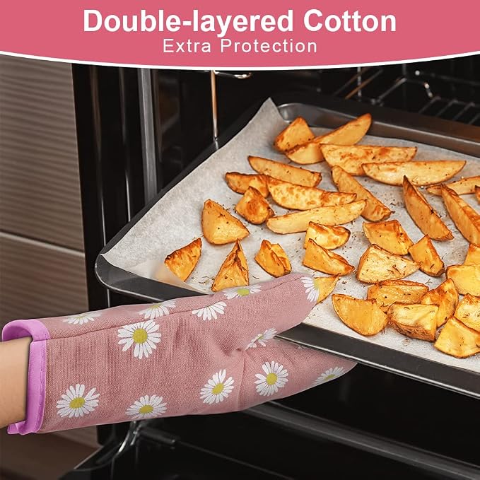 AUAUY Oven Mitts and Potholders, BBQ Gloves Heat Resistant, 1 Pair Oven Mitts and 2 Pot Holders, Cotton Non-Slip Cooking Gloves for Cooking Baking Kitchen Microwave Pizza(Daisy-Pink) | Cooking Gloves and Hot Pads Baking Mittens, Grilling Gloves BBQ Glo...