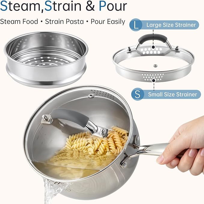 Tri-Ply Stainless Steel Sauce Pan, 2.5 Qt Saucepan with Steamer | Non-Toxic, Dual Pour Spouts, Measurement Mark, Anti-Scald Handle, Compatible All Cooktops, Oven Safe 500°F, Dishwasher Safe
