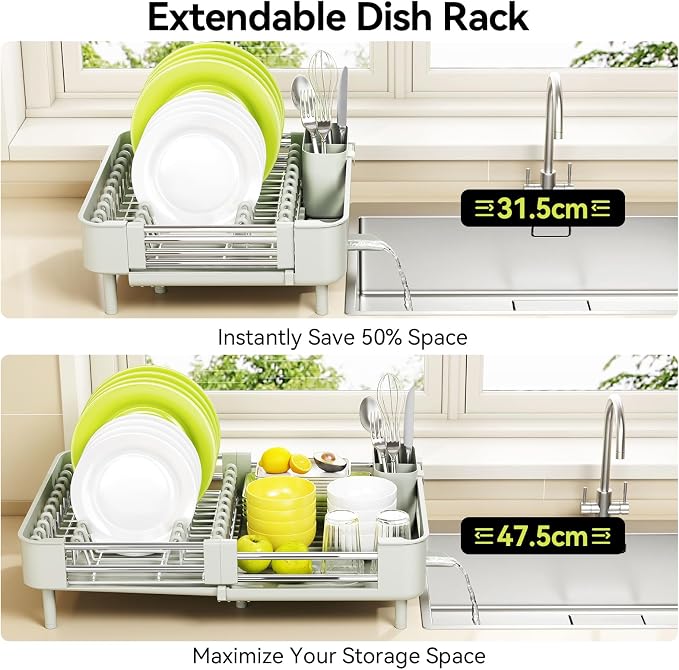Urackify Extendable Stainless Dish Drying Rack for Kitchen Counter | 13.78"W x 18.7"L, Foldable Drainboard for Space Saving, Knife and Utensil Holder, Fast-draining Spout, Soft Celery Green