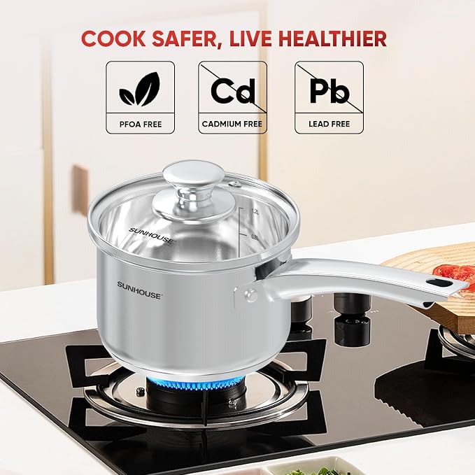 SUNHOUSE 1.5 QT Stainless Steel Sauce Pan with Lid, Small Pot for Cooking | PFOA-Free Uncoated Milk Pan & Butter Warmer, Mini Saucepan with Impact Bonding Base for Induction, Gas, Electric