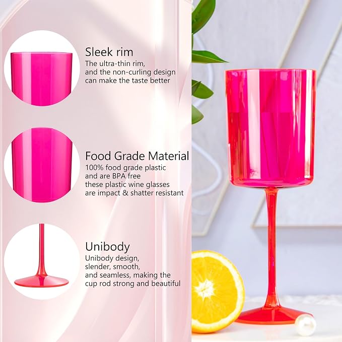 Ciaell 12 Pack Hot Pink Plastic Wine Glasses for Weddings Parties | 10 oz Hot Pink Stemmed Cups, Heavy Duty Plastic, Wine Champagne Cocktails Beverages for Anniversaries Birthdays Bars
