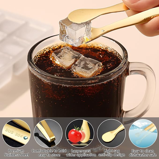 8PCS Gold Mini Metal Tongs, 4.3"/11cm,Stainless Steel,for Ice Cube, Sugar | Small Kitchen Accessories for Serving Food, Salad, Toaster, Desserts
