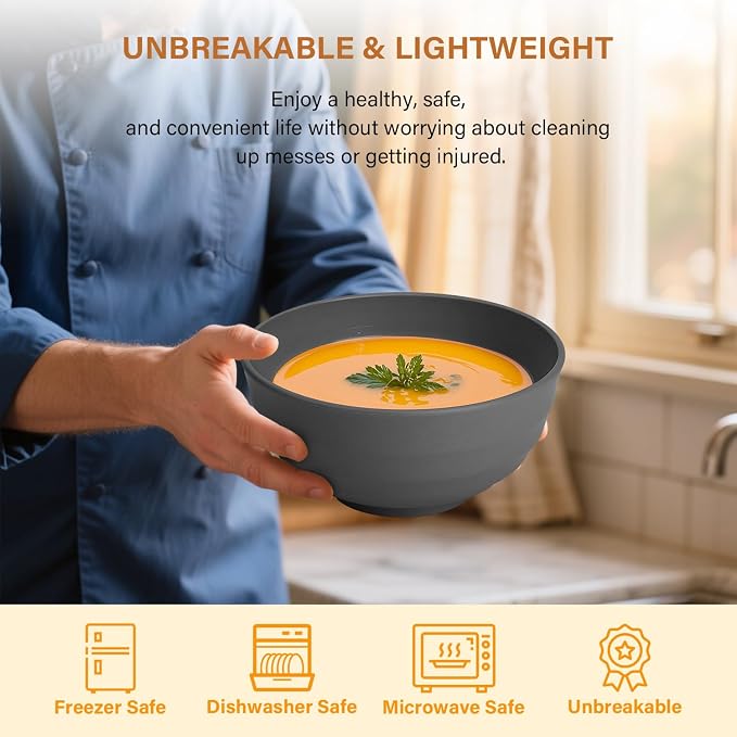 Wheat Straw Bowls Set of 8, 60oz Extra Large Unbreakable Bowls - Lightweight Alternative to Plastic Serving Bowls for Cereal, Ramen & Soup, Microwave Safe for Outdoor Activities (Grey)