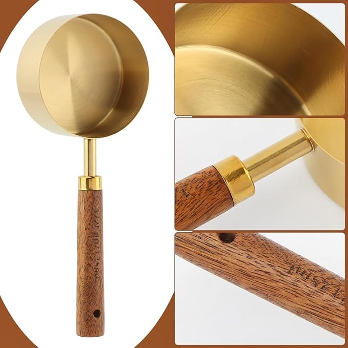 Golden Steel Measure Cups Spoons Wood Handle US Metric Cooking Baking | Food grade golden steel rustproof nonstick safe non slip wood handle US metric marks easy bake cook clean