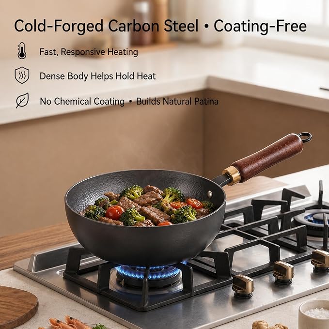 7.8-Inch Small Carbon Steel Wok with Wooden Lid, 1.6QT | Cold-Forged Flat Bottom, Coating-Free Carbon Steel, Induction Ready, Compact Size for Eggs, Ramen, Soup and Oatmeal