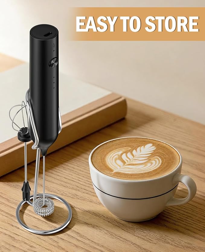 Rechargeable Milk Frother Handheld, hand mixer, Coffee Frother Handheld | Electric Frother Whisk with 3 Speeds, Portable Hand Drink Mixer with 2 Heads for Coffee, Lattes, Cappuccino, Eggs (Black)