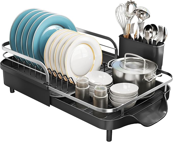 SNTD Expandable Dish Drying Rack for Kitchen Counter, 15.2-22.1 in, Black | Rust-Resistant Stainless Steel, Protective Side Rails, Self-Draining Drainboard, Removable Utensil Holder
