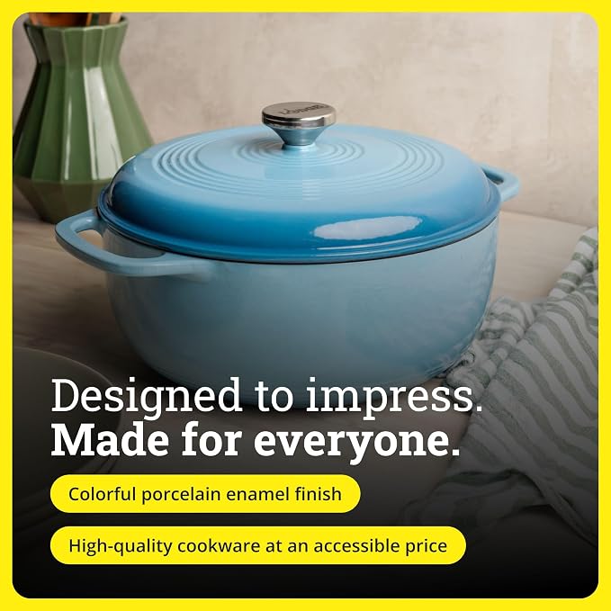 Lodge Essential Enamel Cast Iron Dutch Oven 6 Quarts - Perfect for Bread Baking, Braising, Marinating & Slow Cooking, Features Moisture-Sealing Lid & Dual Handles, Kitchen Essentials, Cornflower Blue