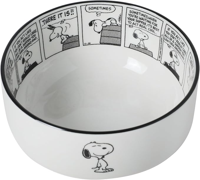Peanuts Snoopy Cereal Bowls, Set of 4, 4.5-Inch Porcelain Snack Bowls for Ice Cream and Dessert, Sunday Comic Strip Design with Snoopy and Woodstock, Black and White