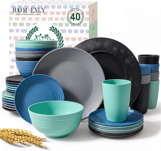 40 Piece Premium Wheat Straw Dinnerware Sets for 8 Unbreakable Plates and Bowls Sets Microwave and Dishwasher Safe Dinner Plates Set Camping, Apartment, Kids, Outdoor, RV, Party-Nightscape